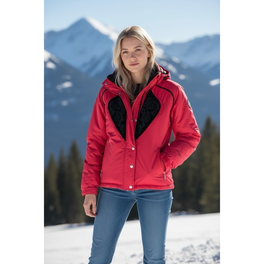 Vintage Obermeyer Red Ski Jacket Womens Size 10 BlackVelvet Trim Hooded Coat Y2K